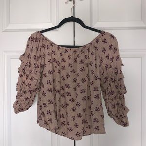 Beige with burgundy flowers off the shoulder top